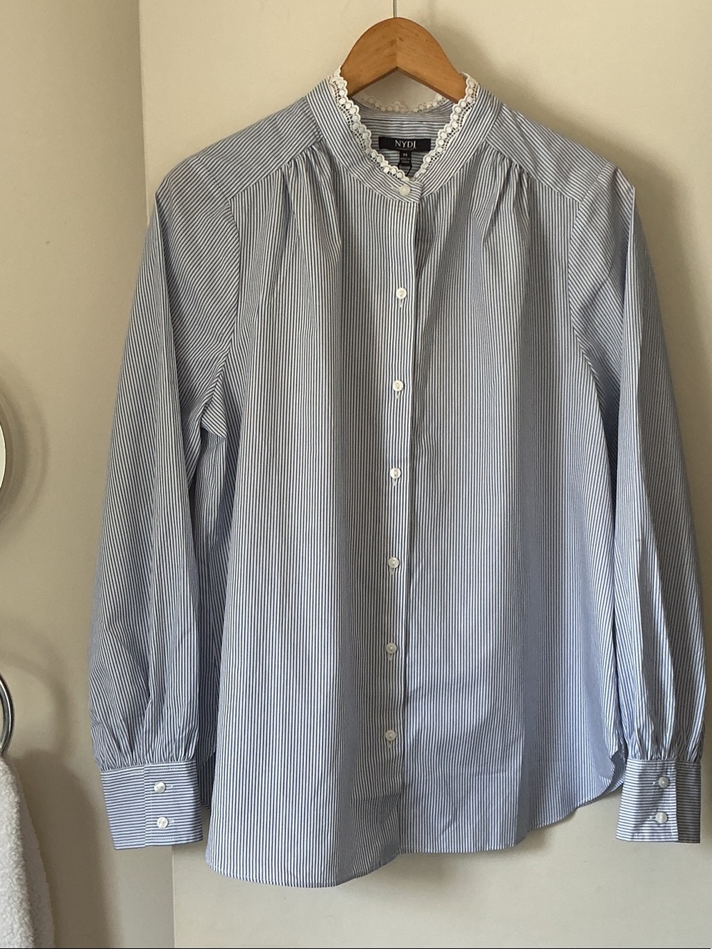 NYDJ Blue Stripe Lace-Trim Button-Up Shirt